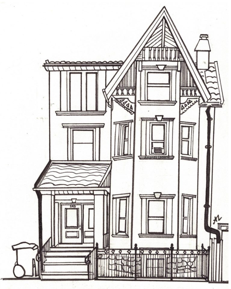 Black and white line drawing of town house