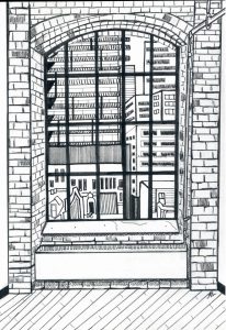 Black and white line drawing from inside looking through window to see layers of bulidings in a big city.