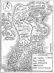 Black and white line drawing of fantasy map