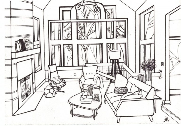 Black and white line drawing of the inside a living room with big window, couch and fireplace.