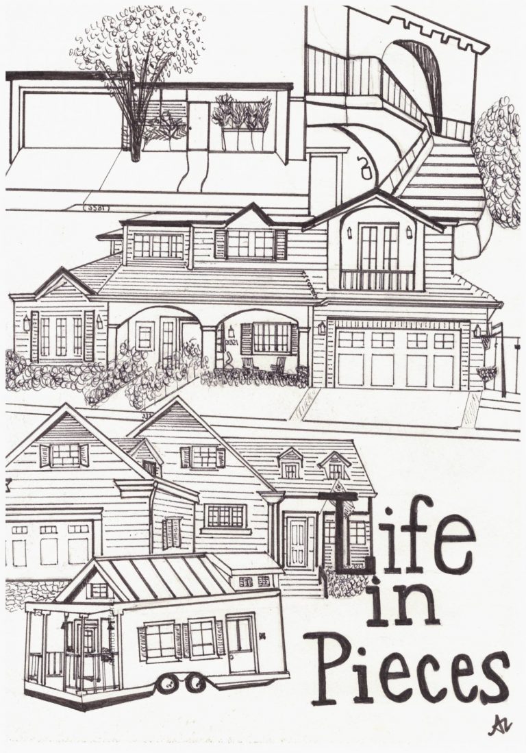 Black and white drawing of houses stacked on top of each other with text on bottom right Life in Pieces