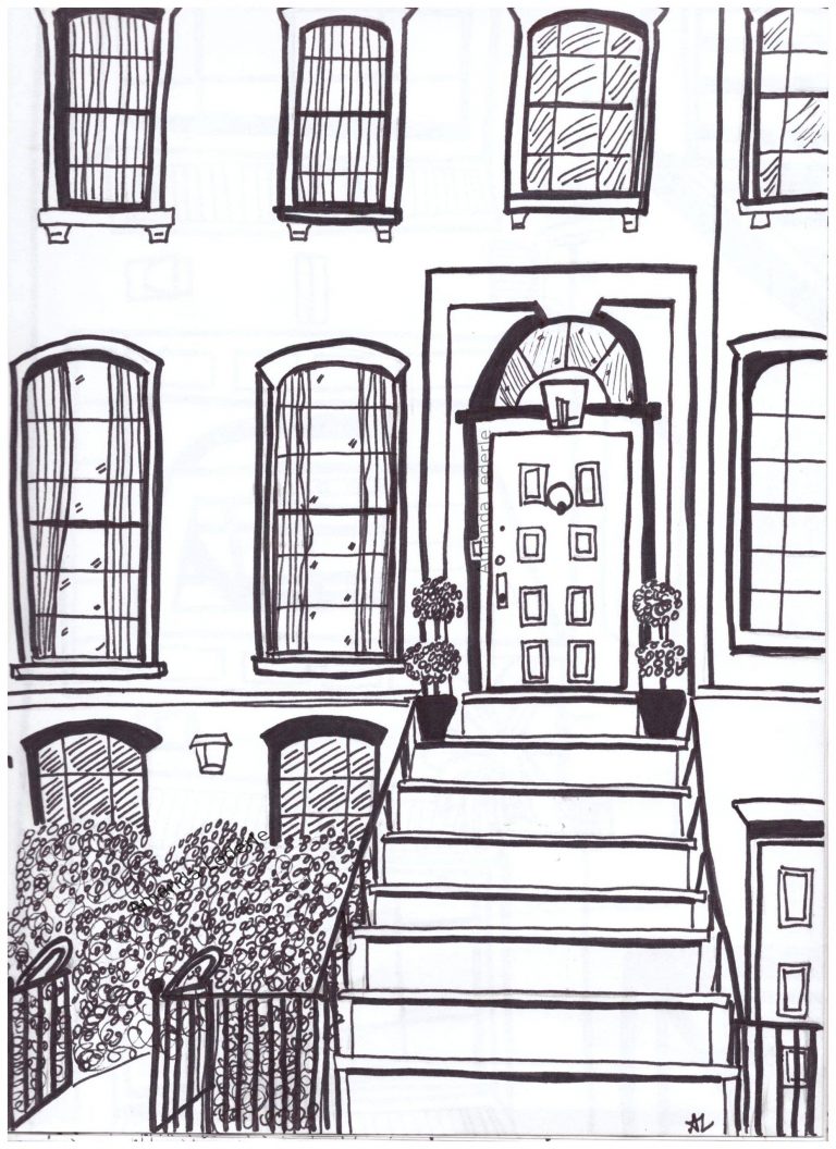 Black and white line drawing of New York townhouse