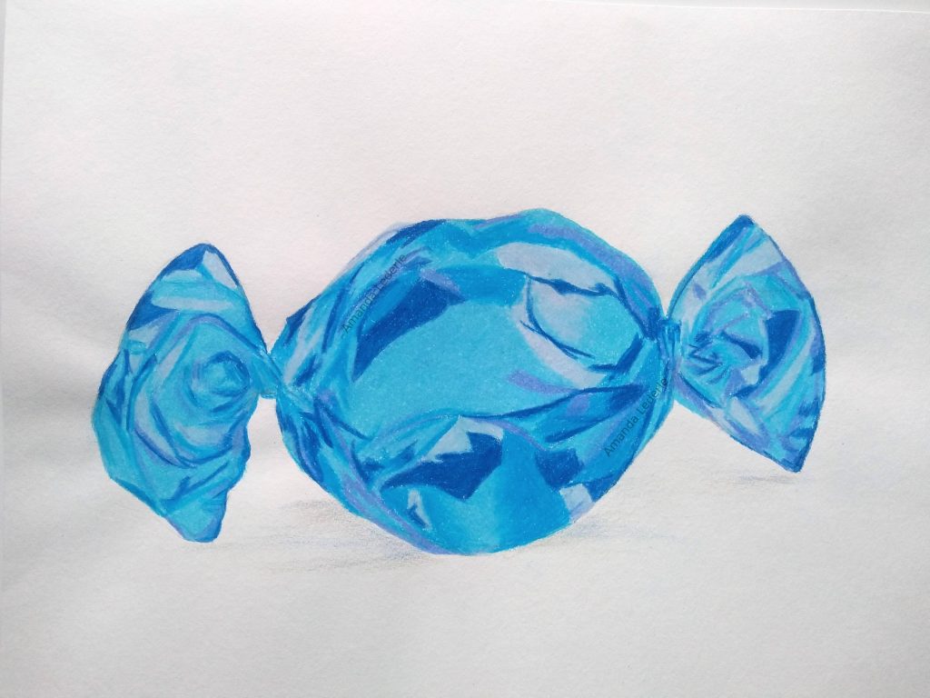 Coloured pencil drawing of blue metallic wrapped candy