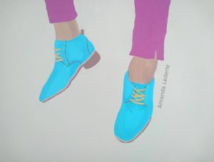Bright blue low heel shoes with light brown ankles in purple cropped pants coming from upper middle of the piece on grey green background.