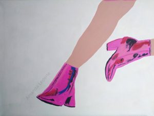 Shiny pink boots diagonally from right of piece with right foot of boot on the top mid right of pieces.