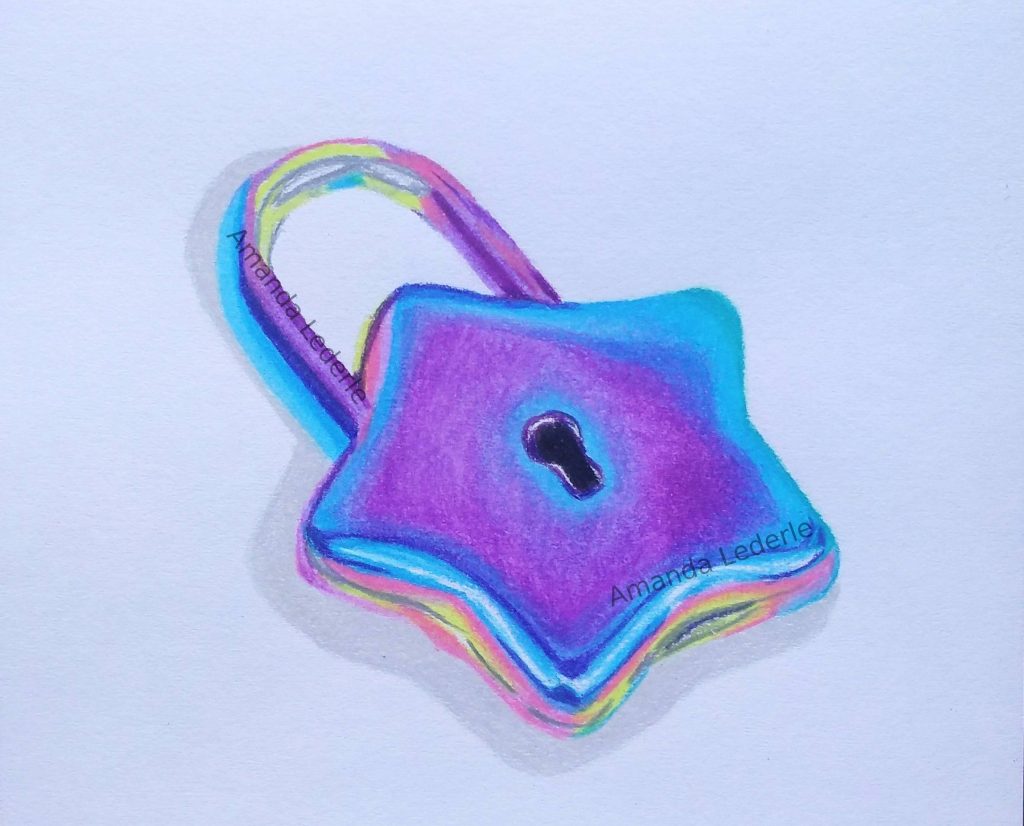 Coloured pencil drawing of purple metallic star shaped lock